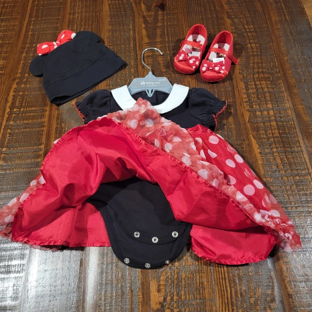 Disney Store Baby Minnie Mouse Costume Shoes Hat Minnie Mouse Ears Dress 6/9 M - Picture 2 of 6